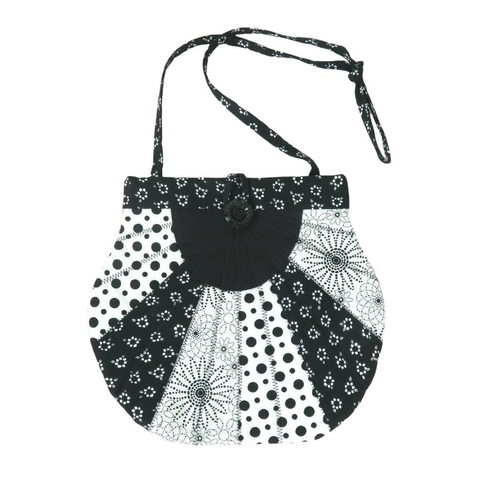 Handmade Quilted Patchwork Shoulder Bag Purse Black White Floral Button Closure